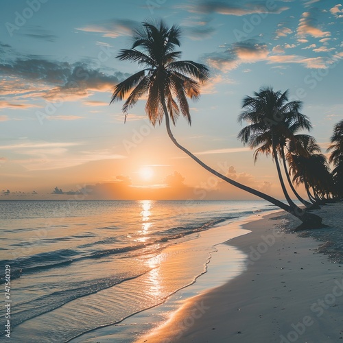 Beautiful sunrise over the sea on the beach with a beautiful large and long sandy beach with palm trees