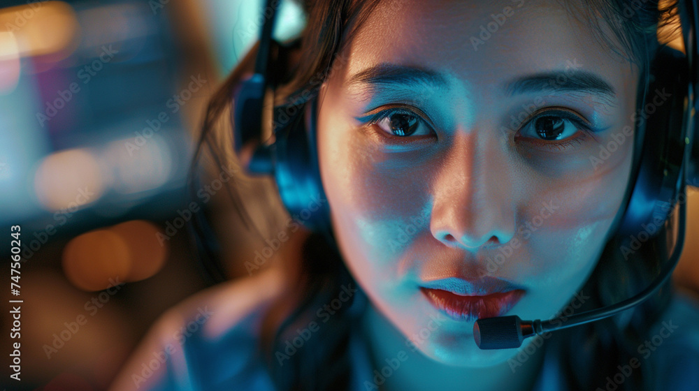 Close-up of asian female gamer wearing headset in dark room Close-up of asian female gamer wearing headset in dark room