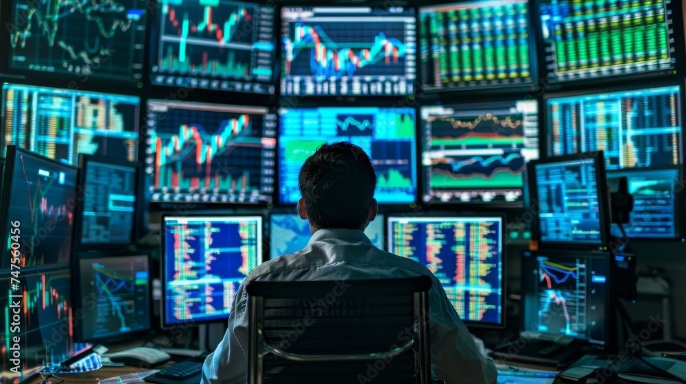 A man is monitoring the development of financial charts and diagrams A man is monitoring the development of financial charts and diagrams