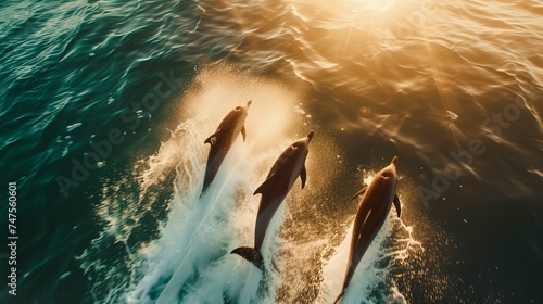 dolphins jumping out of water in the sea at sunset © World of AI