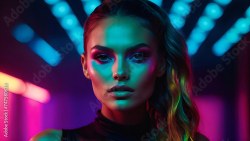 High Fashion model woman in colorful bright neon lights posing in studio, night club. Portrait of beautiful girl in UV. Art design colorful makeup. On colourful vivid backgrounds, art design Ai gener
