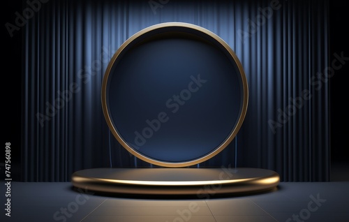 Black stage with blue curtains and pedestal background For product display montage