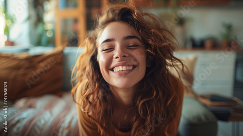 Radiant young woman laughing with eyes closed in a sunlit room.