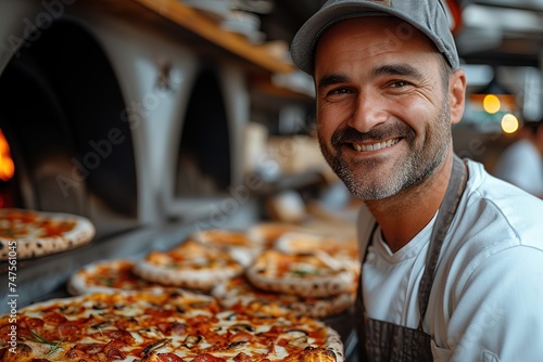 Food concept. A happy professional chef presents freshly prepared pizza from the oven