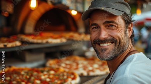 Food concept. A happy professional chef presents freshly prepared pizza from the oven