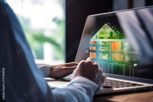 An individual uses a laptop equipped with a virtual energy efficiency rating indicator to audit the rate labels of energy-efficient houses. generative ai photo