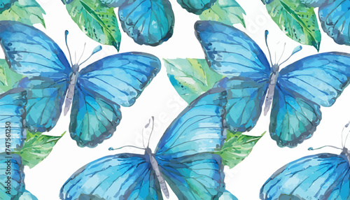 eamless pattern with watercolor painted with blue bright tropical butterflies