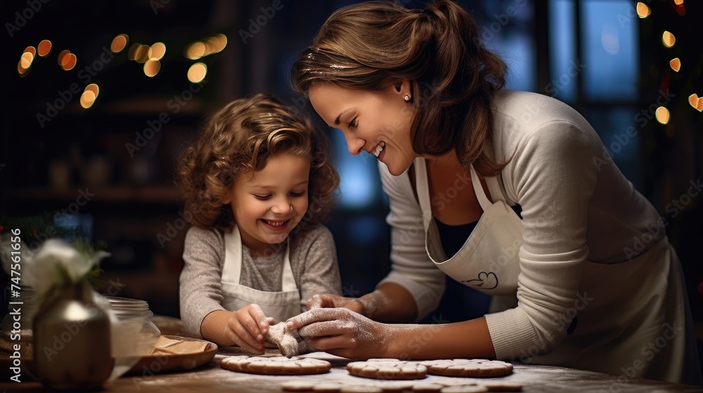 A woman and a girl are baking cookies in the kitchen. Concept flour, baked goods, dough, family, food, copy space, pastry shop, childhood, lifestyle, banner,