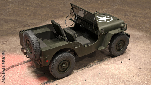 3D render of an American Willys jeep. Game industry. Gamedev.