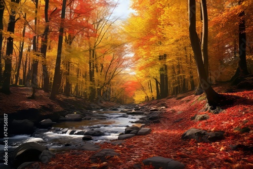 Autumn Serenity, Landscape of tranquil Forest Landscape with Rocky Creek. Beautiful Autumn views.