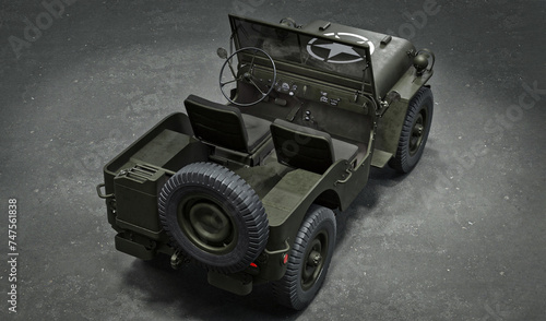3D render of an American Willys jeep. Game industry. Gamedev.
