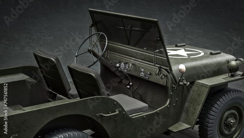3D render of an American Willys jeep. Game industry. Gamedev.