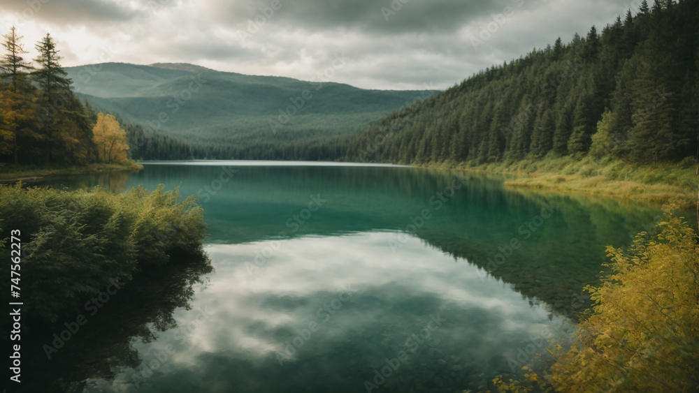 Obraz premium Lake surrounded by forest, outdoor landscape. Contrasting colors.