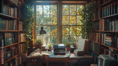 Old library with old typewriters and large windows