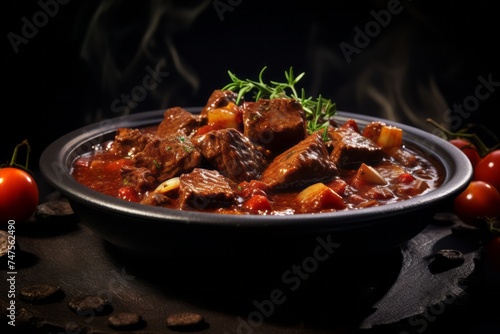 Macro detail close-up photography of a delicious goulash on a metal tray against a leather background. AI Generation