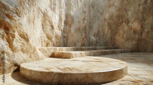 Stone podium for product presentation in a cave background For product display montage