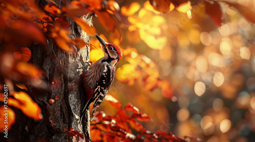 Autumnal Portrait of a Woodpecker on a Tree Amidst Golden Leaves