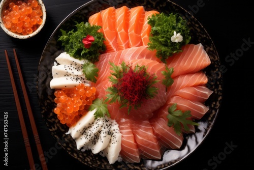 Top view of a juicy sashimi in a clay dish against a polished metal background. AI Generation