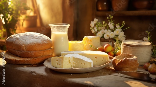 A table with a plate of cheese, milk, bread, and flowers in a vase.