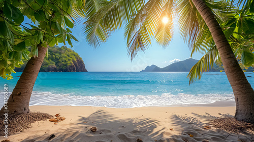 Tropical beach with palm trees and sand at sunny day. Beautiful tropical beach and sea with coconut palm tree - Holiday Vacation concept