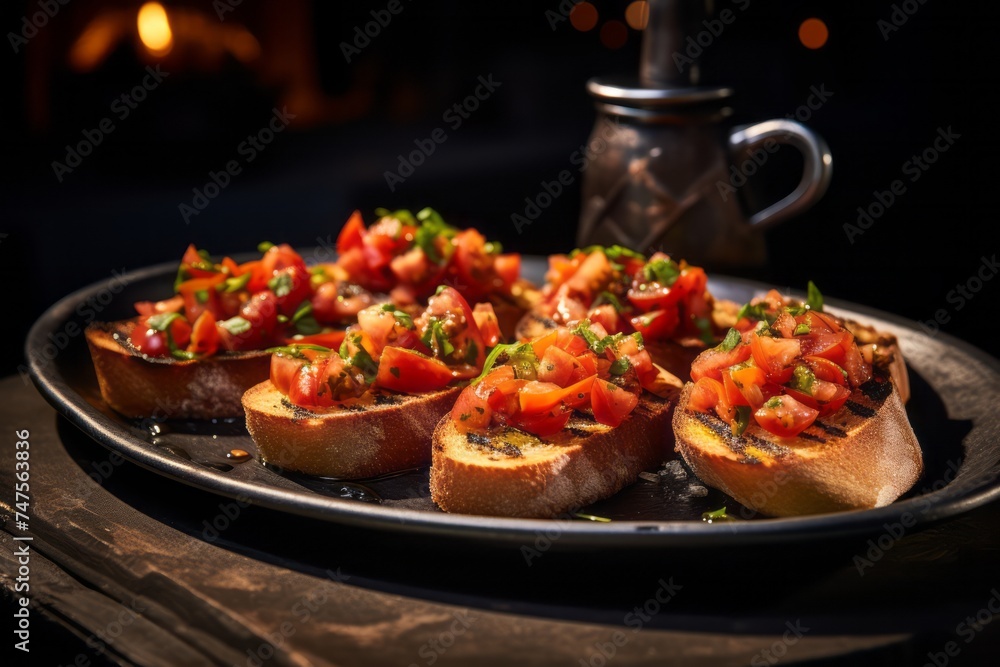 Macro detail close-up photography of a refined  bruschetta on a rustic plate against a polished metal background. AI Generation