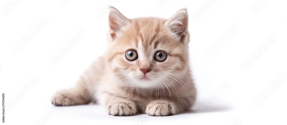 Obraz premium A British kitten with striking blue eyes is captured in a moment of repose, laying down on a white background. The adorable felines fluffy fur and captivating gaze are sure to melt hearts.