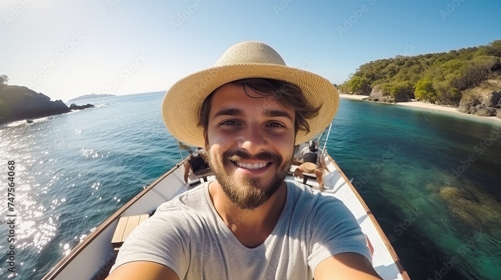 Happy young guy taking a selfie on the background of the sea