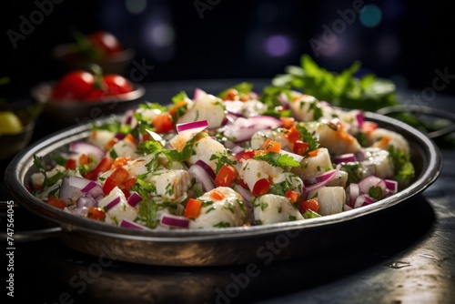 Rustic ambiance close-up photography of a delicious ceviche on a metal tray against a polished metal background. AI Generation