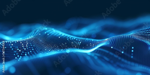 Abstract waves from particles and lines of blue futuristic beautiful flying glowing magical energy with blur effect. Abstract blue background.