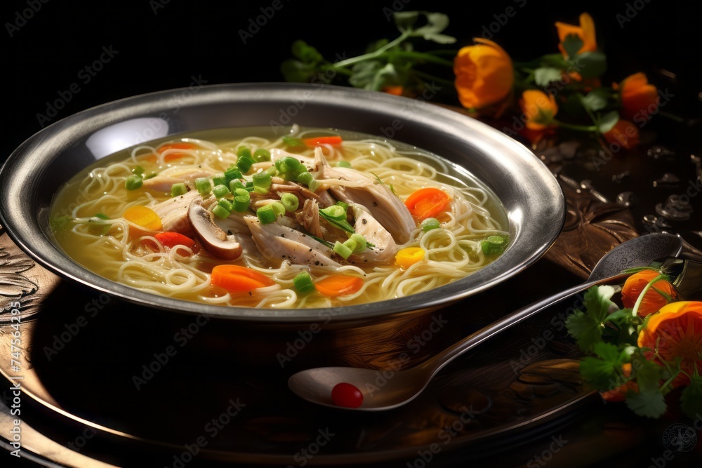 Close-up view photography of an exquisite chicken noodle soup on a porcelain platter against a polished metal background. AI Generation