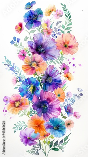 Watercolor illustration of colorful spring flowers, spring background © pundapanda