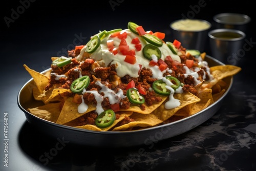 Detailed close-up photography of an exquisite nachos on a marble slab against a polished metal background. AI Generation