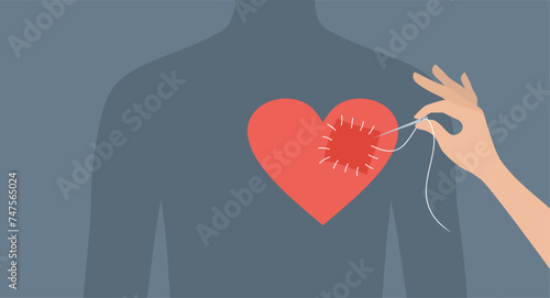 Hand sewing a patch on the heart of a male silhouette, flat vector illustration