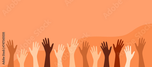 Hands of women of different nationalities and skin tones reaching up. Flat vector illustration with copy space
