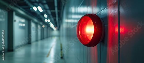 A red emergency stop light mounted on the side of an industrial building, ensuring safety and security by signaling danger. photo