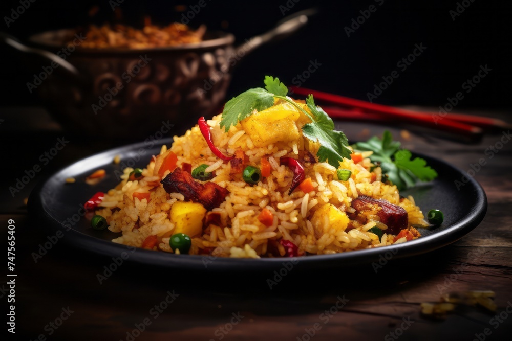 Macro detail close-up photography of a delicious fried rice on a rustic plate against a leather background. AI Generation Macro detail close-up photography of a delicious fried rice on a rustic plate against a leather background. AI Generation