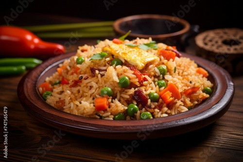 Macro detail close-up photography of a delicious fried rice on a rustic plate against a leather background. AI Generation