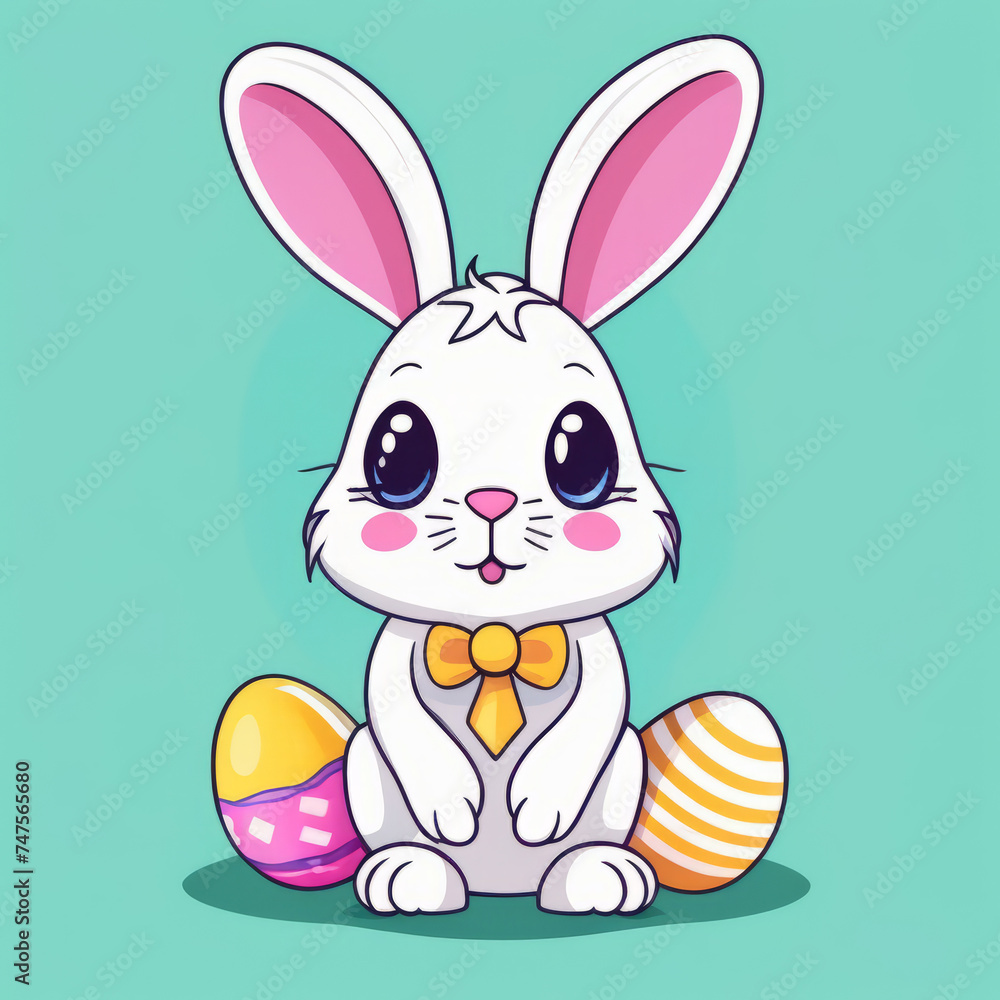 Obraz premium Colorful illustration of a cute Easter bunny holding a vivid chocolate Easter egg isolated on a solid color background.