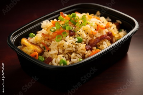 Natural light close-up photography of an hearty fried rice in a bento box against a leather background. AI Generation