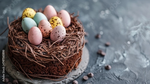 A Chocolate easter cake with a nest of edible eggs. photo