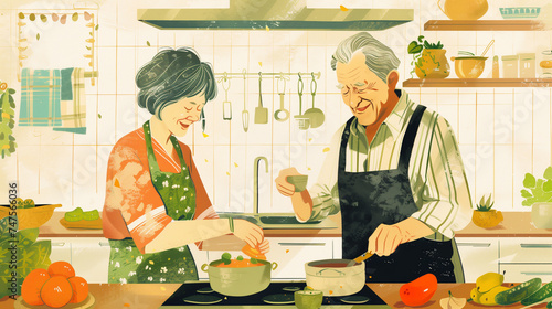 A captivating digital artwork showcasing an elderly couple cooking together in a warmly lit kitchen.