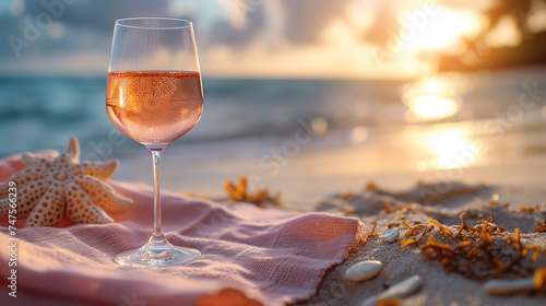 Close-up of rose wine glass on a beach towel, with a blurred background of a beach scene
