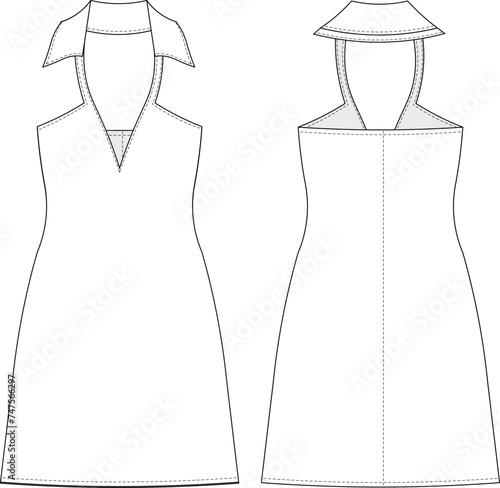 collared v neck sleeveless short a line dress template technical drawing flat sketch cad mockup fashion woman design style model