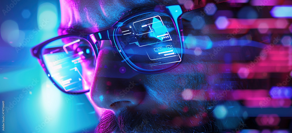 Futuristic Man with Holographic Interface Reflected on Glasses Futuristic Man with Holographic Interface Reflected on Glasses