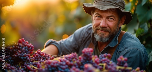 Cheerful bearded male farmer in glasses and hat smiling and inspecting bunch of fresh grapes
