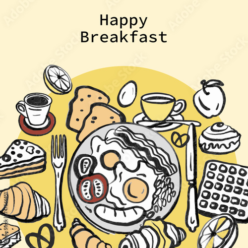 Hand drawn engraved style breakfast design. Chalkboard. Doodle. Morning food and hot drinks menu vector template. Croissants, eggs, scrambled eggs, scramble, espresso. 