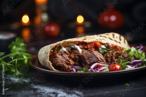 Macro view photography of a tasty doner kebab on a rustic plate against an aged metal background. AI Generation
