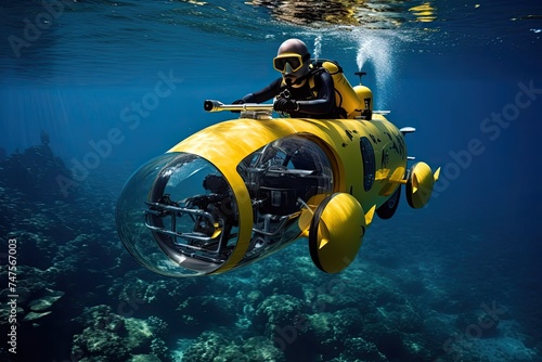 Discovering the underwater world: divers and underwater scooters exploring coral reefs and seabed