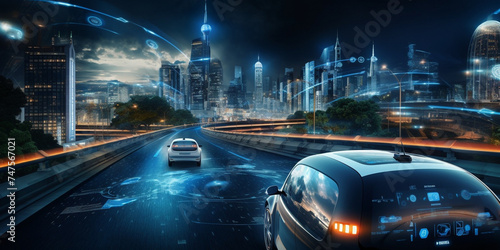 Autonomous vehicles on smart highways future, Smart city Futuristic cityscape with light trails connect with wave line creative design, big data connection technology concept, Digital skyline, AI
