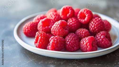 Fresh raspberries in a white plate 